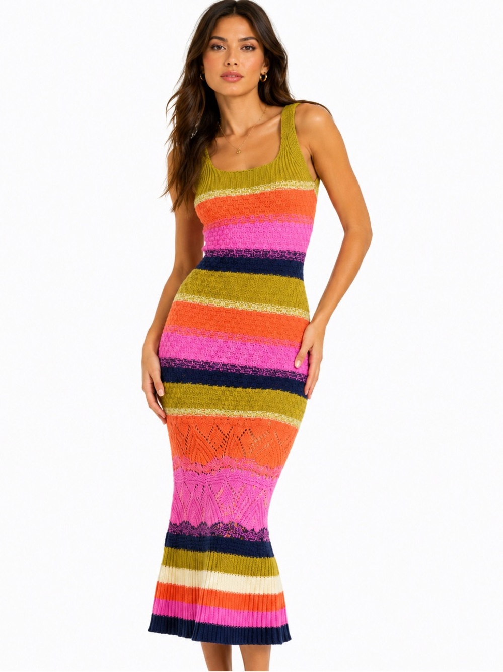 Entro NWOT Colorblock Crochet Knit Mermaid Midi Dress Large